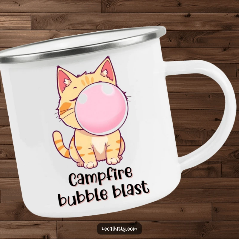 Funny cat camping mug showing a mischievous cat blowing a huge, colorful bubble gum bubble, perfect for outdoor adventures.