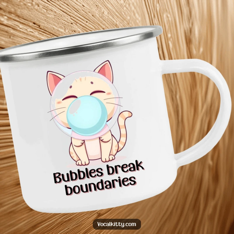 Funny Cat Blowing Giant Bubblegum Bubble About to Pop Camping Mug - Outdoor Humor