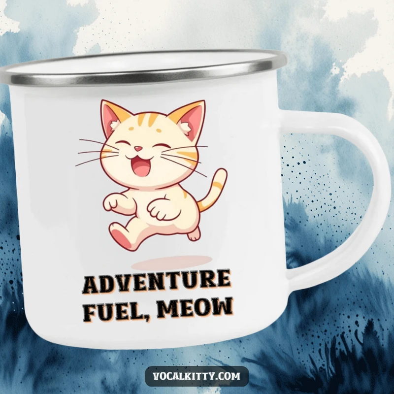Funny cat camping mug featuring a cartoon cat leaping, with exaggeratedly long whiskers trailing, designed for outdoor enthusiasts who love humor.