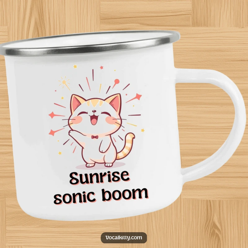 Funny cat camping mug featuring a character bursting with joyful sound like a vibrant firework, ideal for outdoor celebrations and drinks.