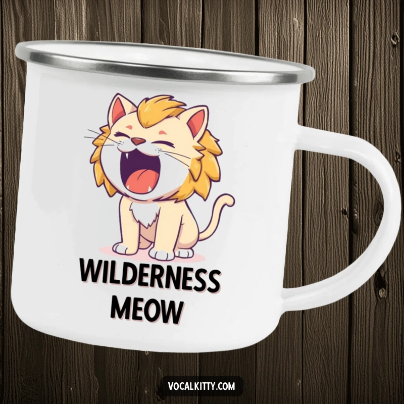 Funny cat by a campfire, roaring like a tiny lion, enamel camping mug.