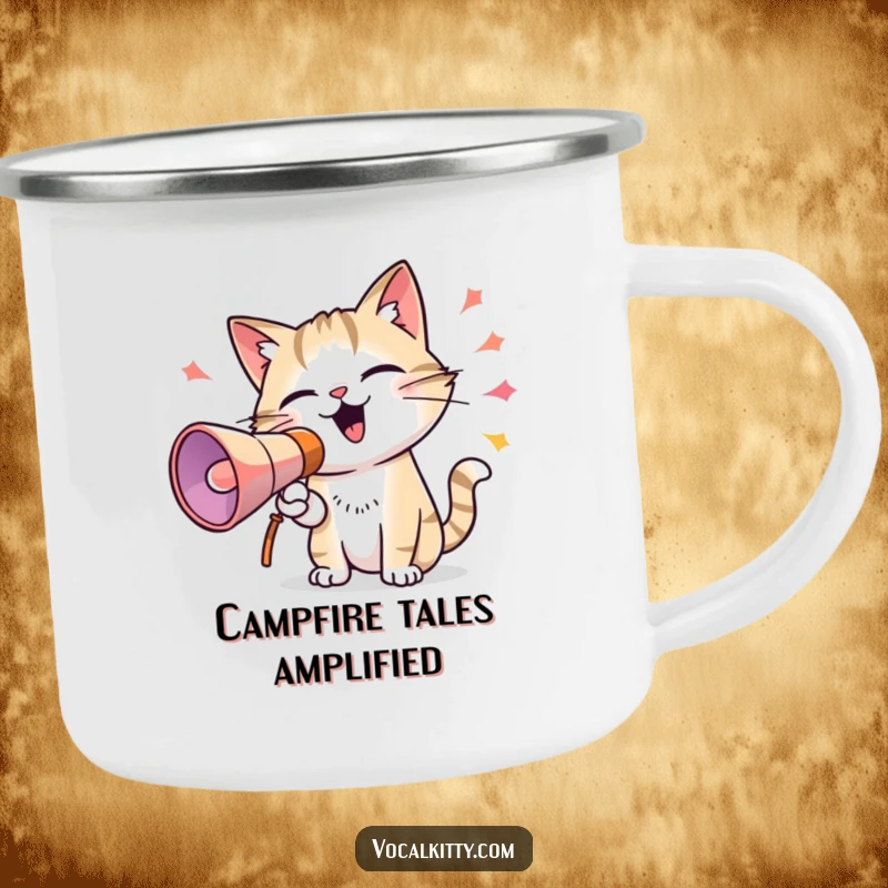 Funny camping mug featuring a cat holding a megaphone and emitting colorful sound waves, perfect for outdoor enthusiasts who love cats.