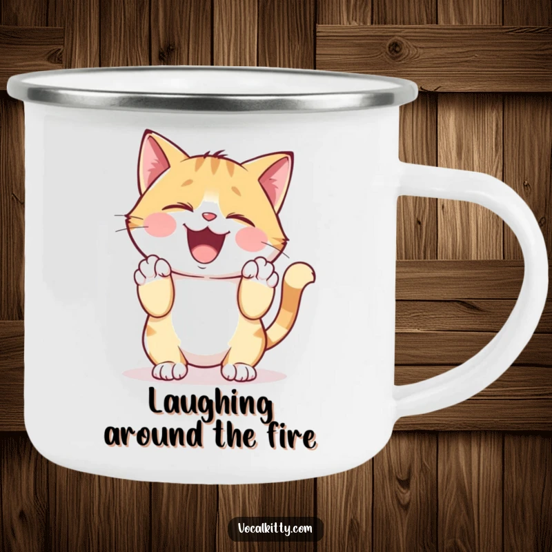 Funny Camping Mug of a cat character giggling heartily, holding its sides, ready for outdoor enjoyment.