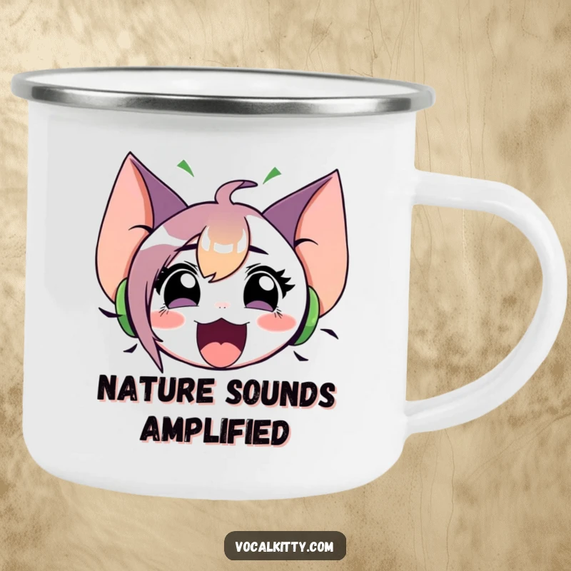 Funny camping mug showing a character with oversized ears emitting sound waves from an open mouth, ideal for loud moments.