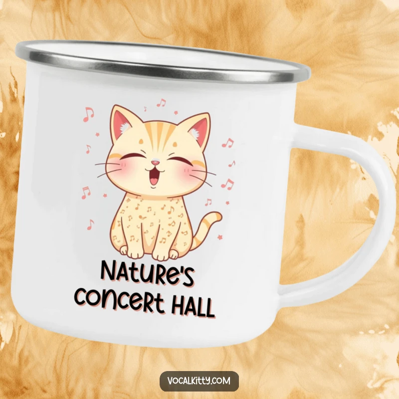 Funny musical cat camping mug, covered in music notes, eyes closed in serenely peaceful vocal exertion.