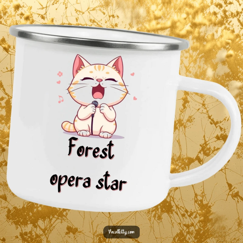 Funny enamel camping mug showcasing a cat character singing opera with dramatic flair, ready for outdoor performances.