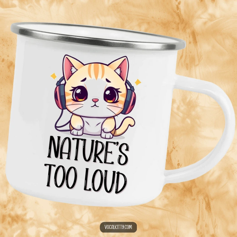 Funny camping mug with a cat overwhelmed by head speakers, ideal for campers who prefer quiet and calm during their adventures.