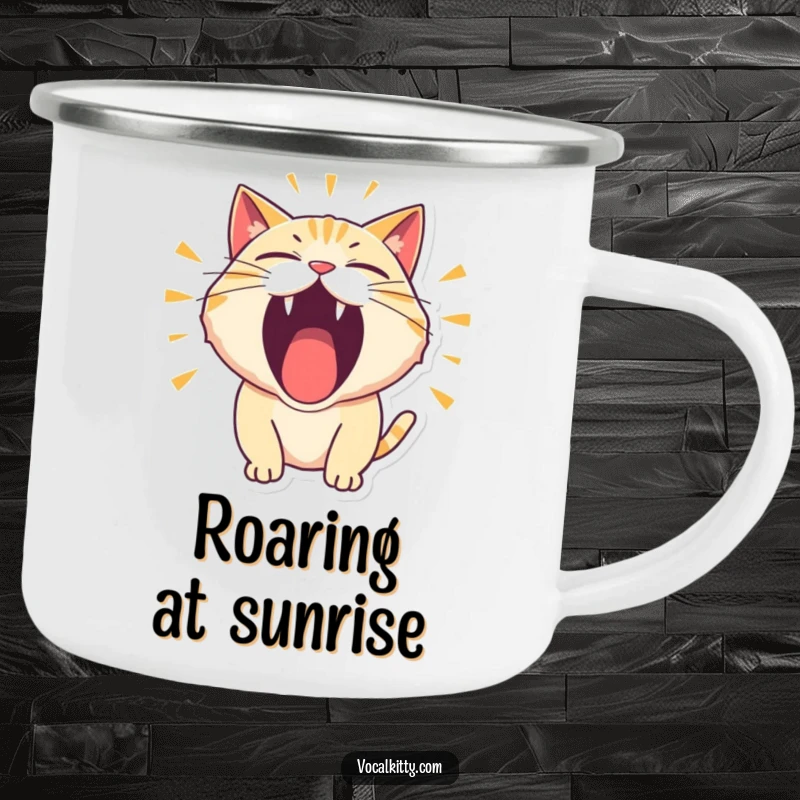 Funny Camping Mug of a cat character roaring thunderously with its mouth wide open in a comical display.