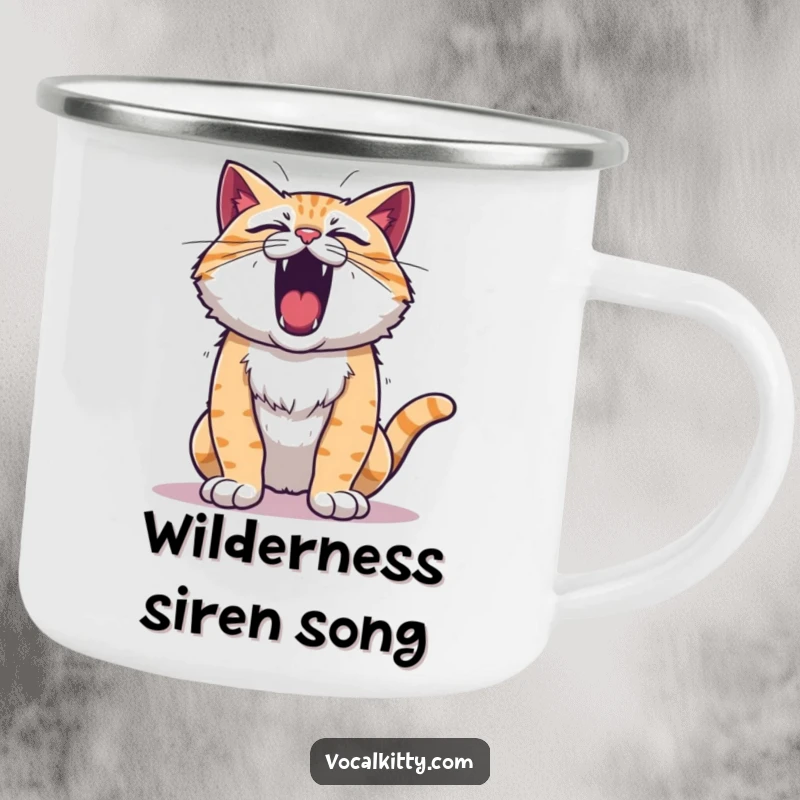 Funny roaring cat camping mug, chest puffed out, ready to roar. Durable and humorous for outdoor use.