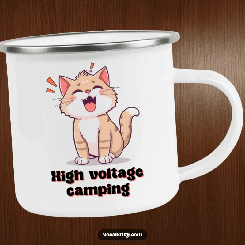 Funny shocked cat camping mug, fur on end, with a cartoon 'ROAR!' sound. Durable and hilariously surprised.
