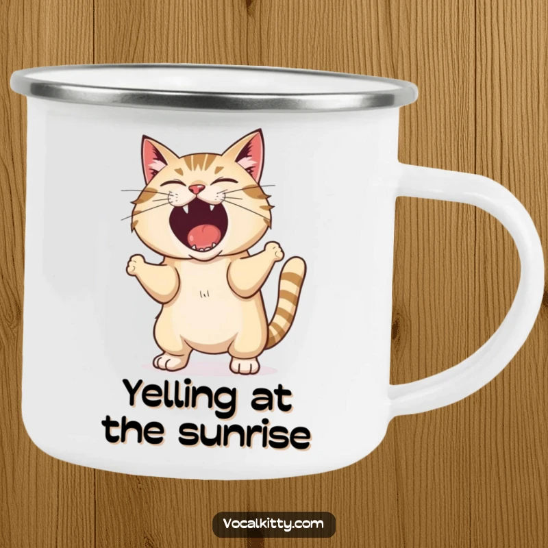 Funny camping mug showcasing a cat shaking its body while letting out an exaggerated, loud shout, for outdoors.