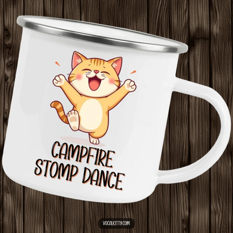 Funny Camping Mug of a cat character stomping its feet with loud, happy energy, ready for any outdoor task.