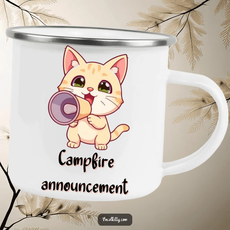 Funny camping mug with a tiny cat shouting through a megaphone, perfect for outdoor enthusiasts who love to express their excitement loudly.