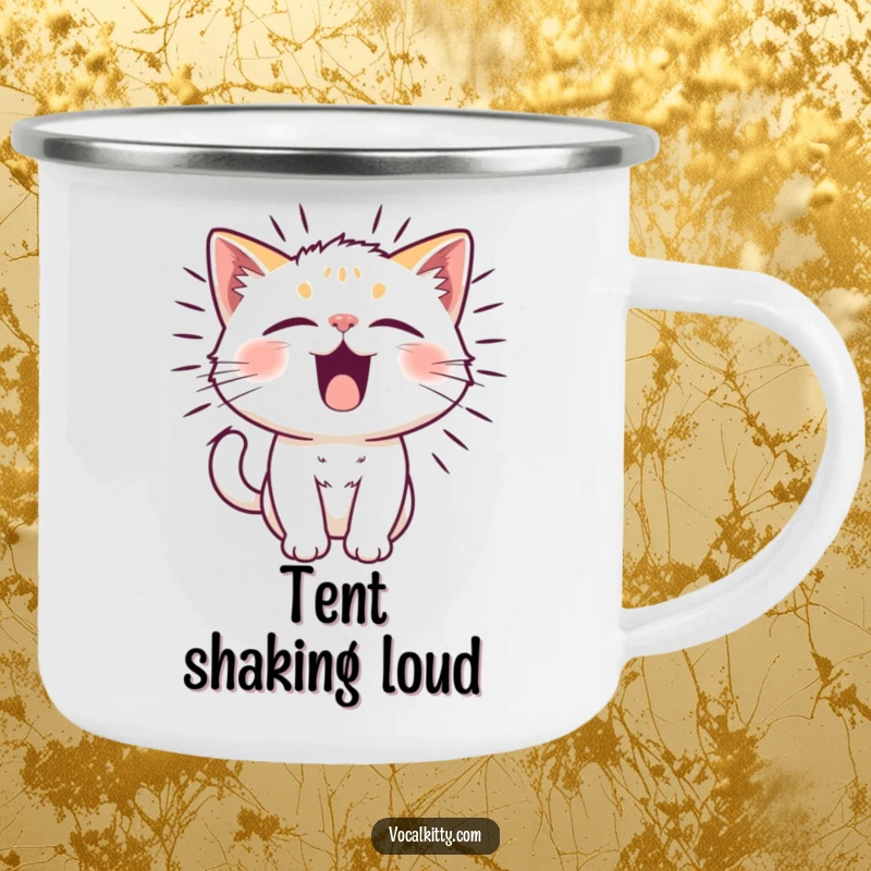 Funny cat character with vibrating fur from a funny noise, on a camping mug, outdoor themed.