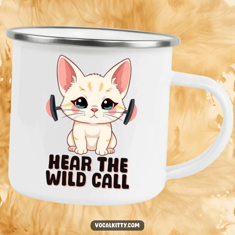 Funny camping mug featuring a cat with comically large ears, straining to hear, ideal for outdoor humor.