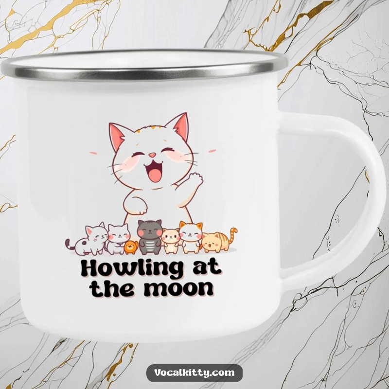 Funny cat camping mug showing a cat mid-meow, startling a group of small animals, perfect for outdoor humor.