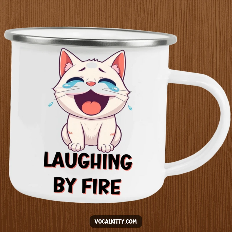 Funny roaring laughter cat camping mug, tears streaming, ideal for outdoor fun and sharing a good laugh.