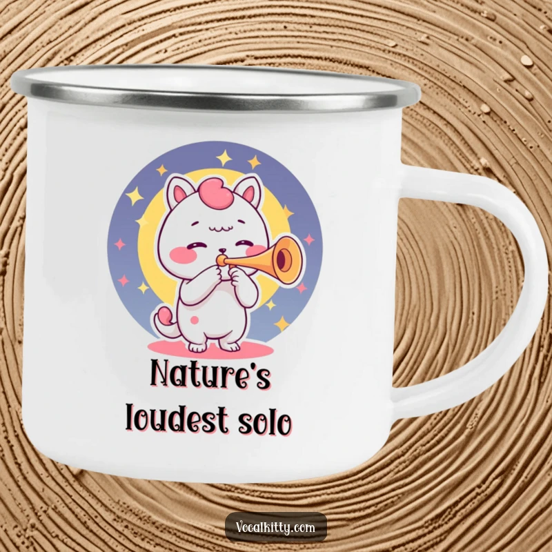 Funny enamel camping mug with a character using its voice box as a trumpet, celebrating music in the great outdoors.
