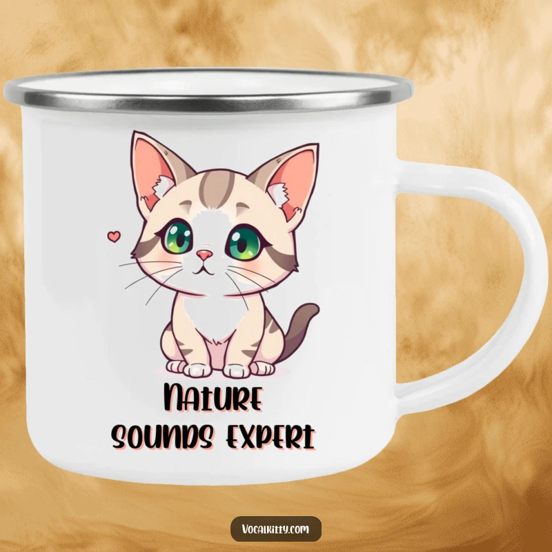 Funny camping mug with a cat sporting comically large, flared ears, showing intense focus on a subtle, distant sound.