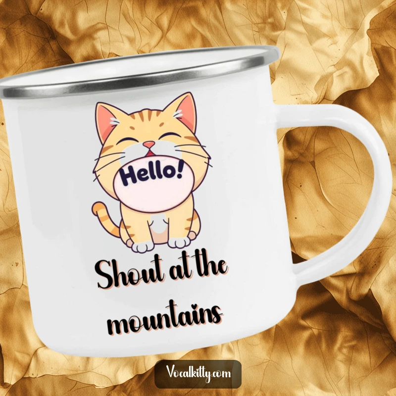 Funny cat by a campfire, giant oval mouth saying 'Hello!', enamel camping mug.