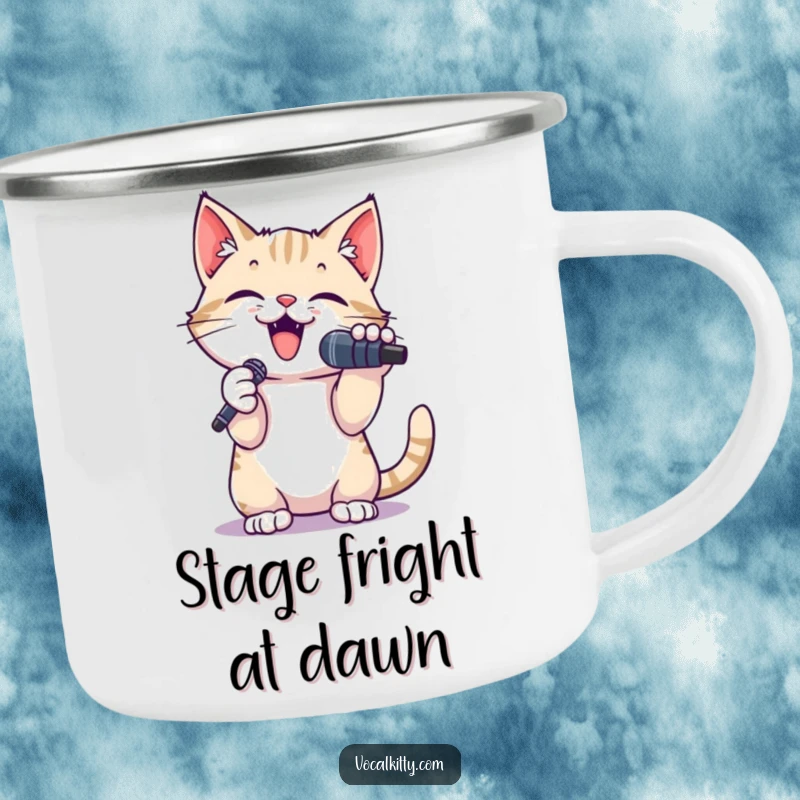 Funny camping mug with a small cat singer holding a microphone, paws raised, ready for humorous outdoor concerts.