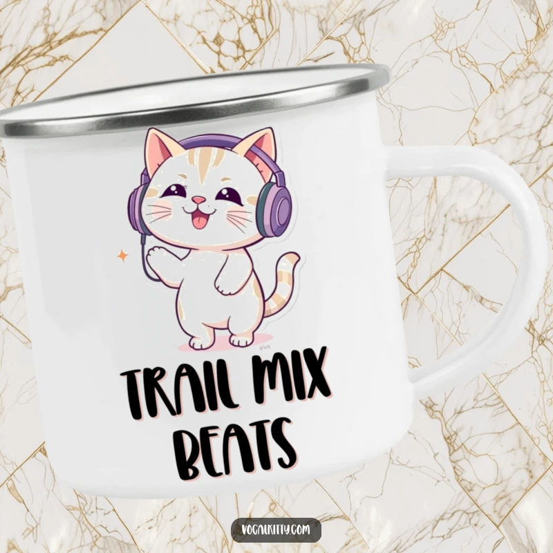 Funny enamel camping mug featuring a cat with oversized headphones, bouncing to loud music, ready for outdoor fun.
