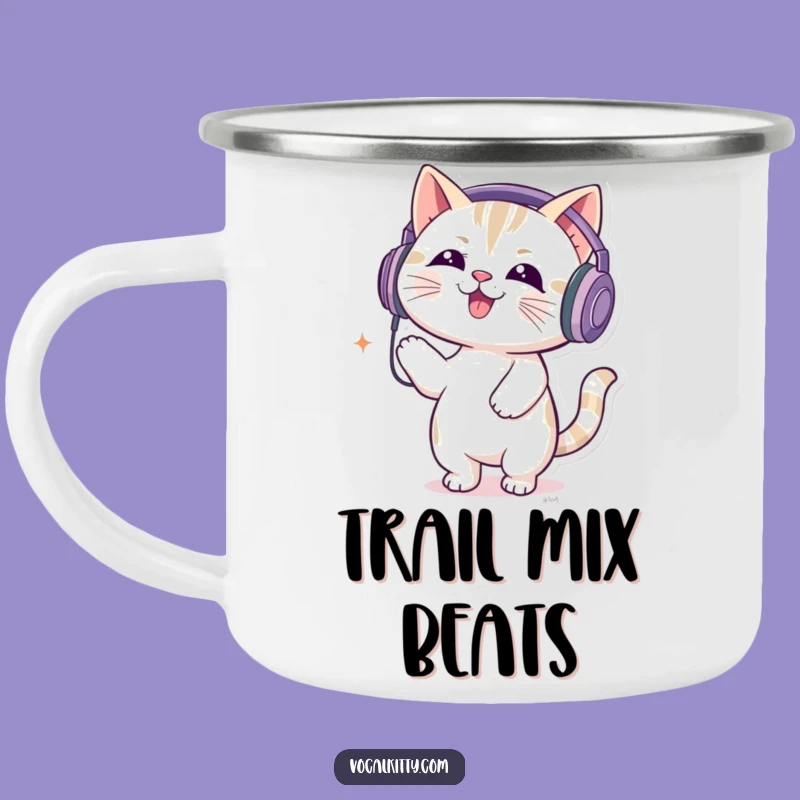 Funny Music Cat Enamel Camping Mug - DJ Feline Bouncing Outdoor Gift