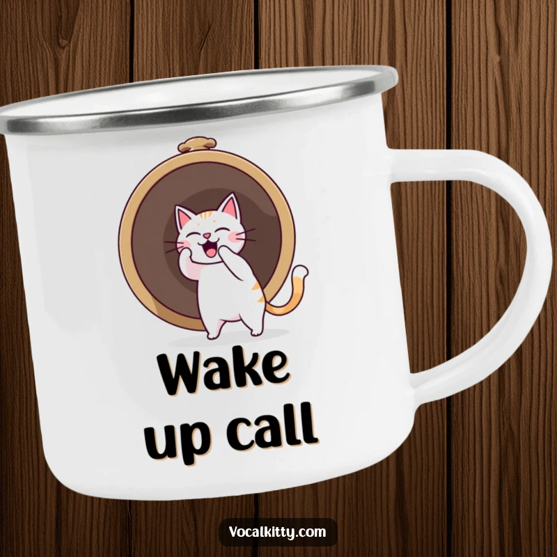 Funny cat character ringing a large bell, creating a comical sound boom, on a durable camping mug.