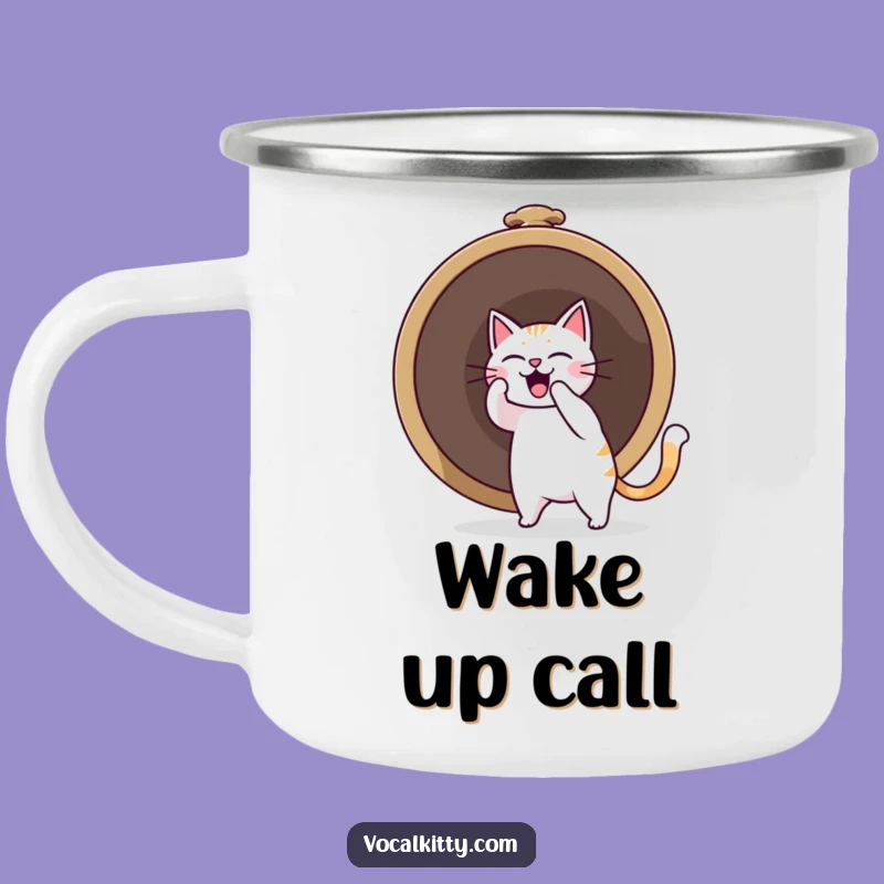 Funny Cat Ringing Bell Camping Mug: Adventure with Sound Boom Humor