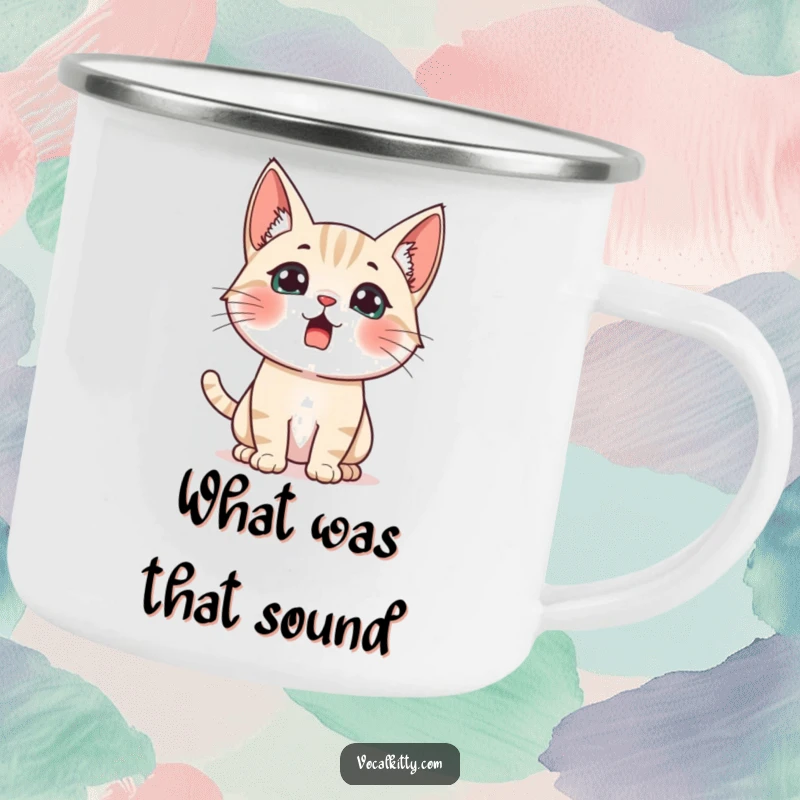 Funny startled cat camping mug, ears perked high, eyes wide, perfect for surprising outdoor moments.