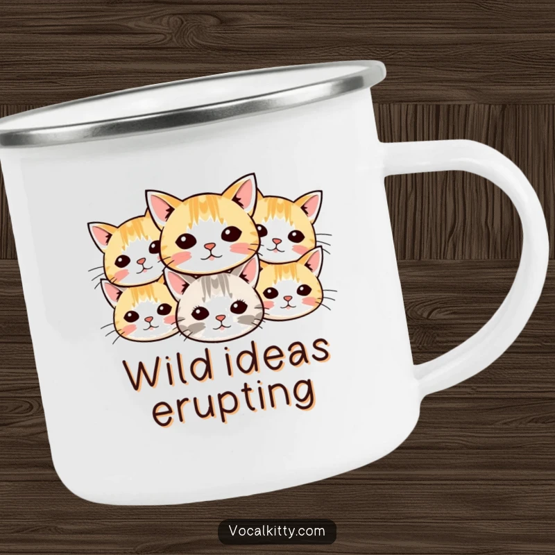 Funny cat camping mug showcasing small cartoon cat heads with whiskers radiating outwards, perfect for enjoying drinks in the great outdoors.