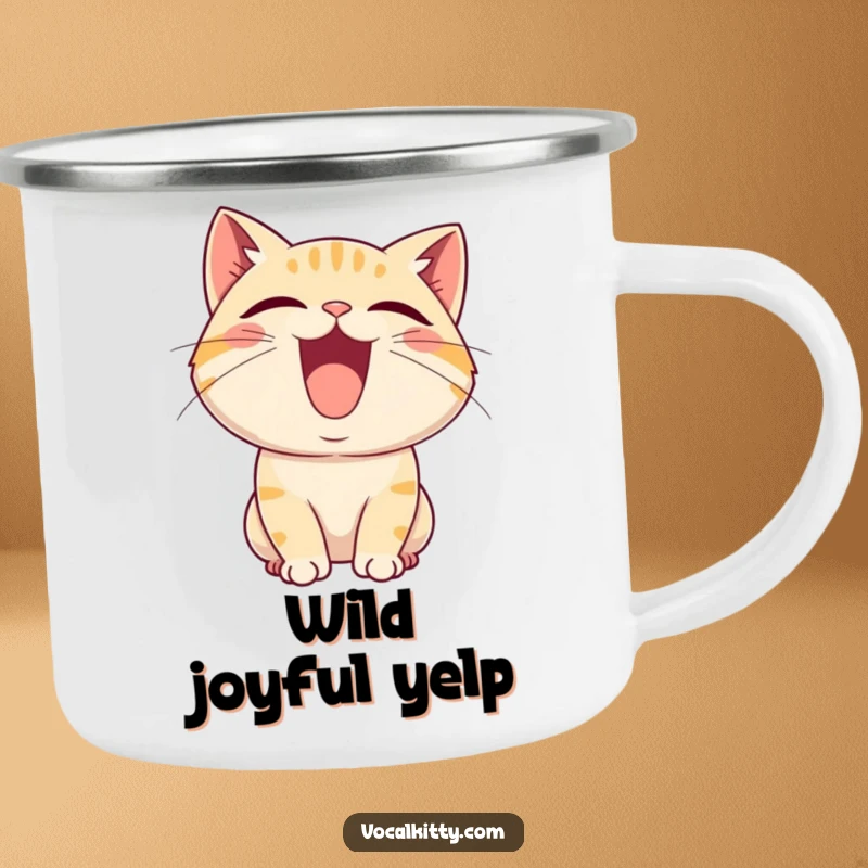 Funny camping mug showing a cartoon cat character with its mouth agape, letting out an enthusiastic and joyful squeal.