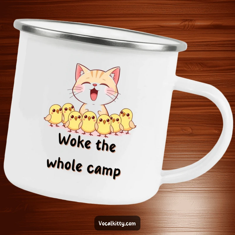 Funny cat character meowing loudly, startling tiny birds, on a durable camping mug, for outdoor use.