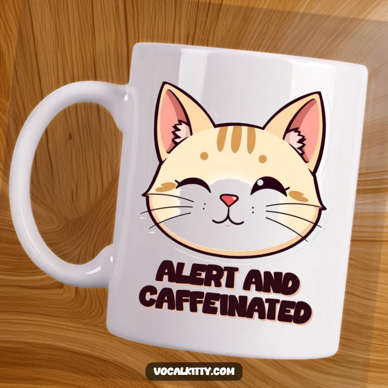 Funny mug: A stylized cat head with perked ears and vibrating whiskers, showing intense focus and curiosity.