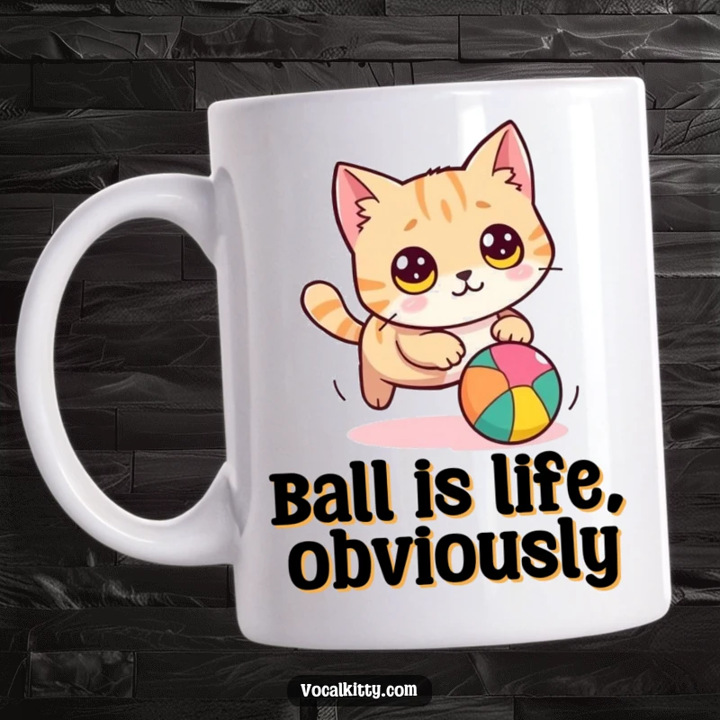 Funny round cat mug with wide eyes, enthusiastically chasing a vibrant ball, showcasing pure playful energy and a humorous chase.