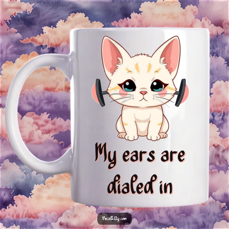 Funny mug with a cat sporting ridiculously large ears, straining to hear secrets, embodying curiosity and humor.