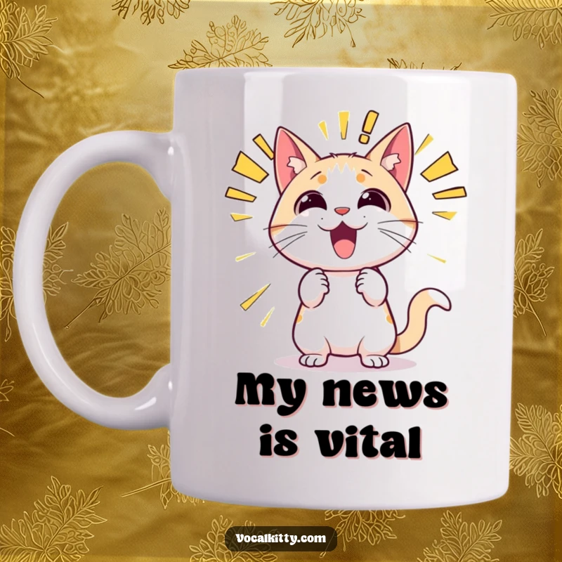 Funny cat mug with a cartoon cat heroically announcing news with giant, bold sound effect words like 'POW' and 'WOW'.