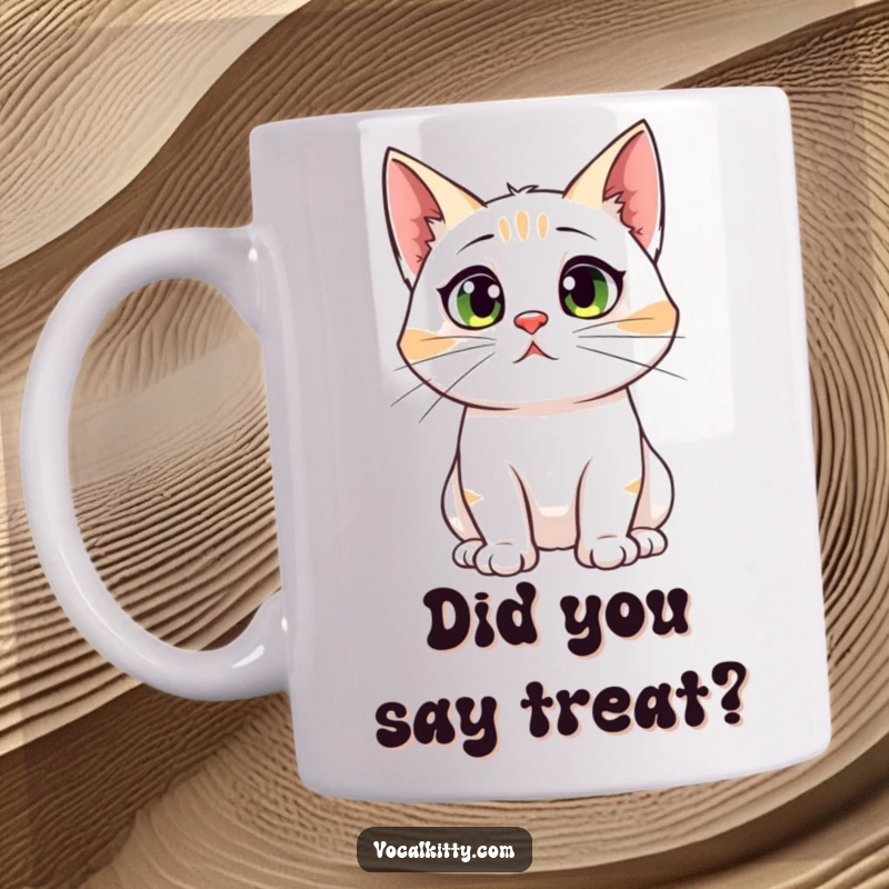 Funny mug showcasing a cat with comically large ear canals looking startled, eyes wide, reacting to unseen noise, capturing jumpy feline humor.