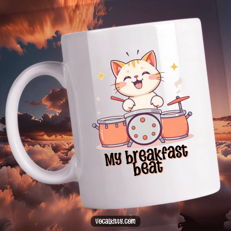 Funny cat enthusiastically drumming on pots and pans, musical chaos, ceramic mug.