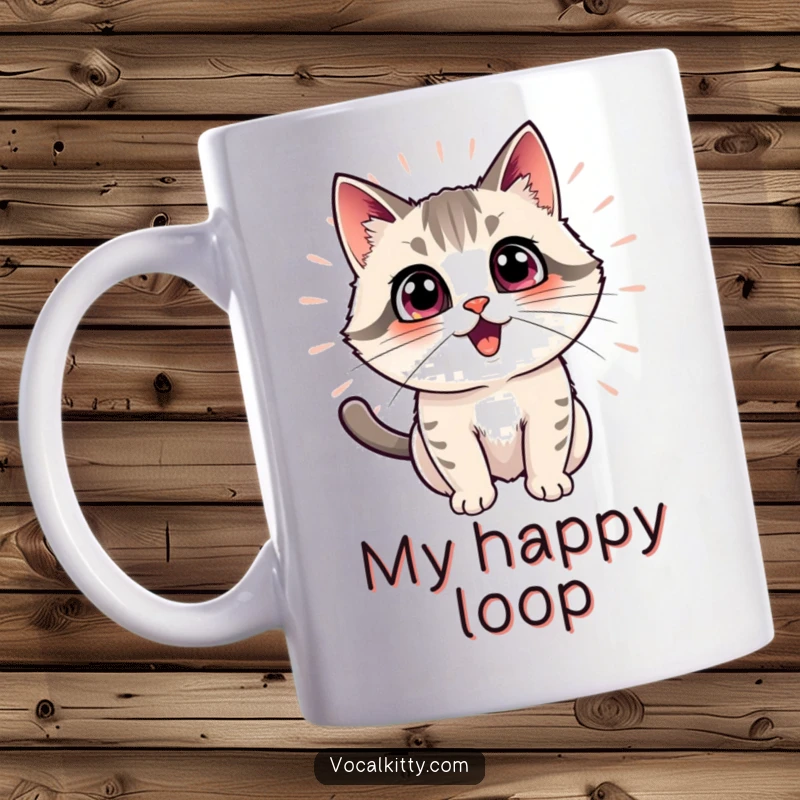 Funny cat mug featuring a cat with an excited expression, radiating outward echo effects, symbolizing amplified joy.