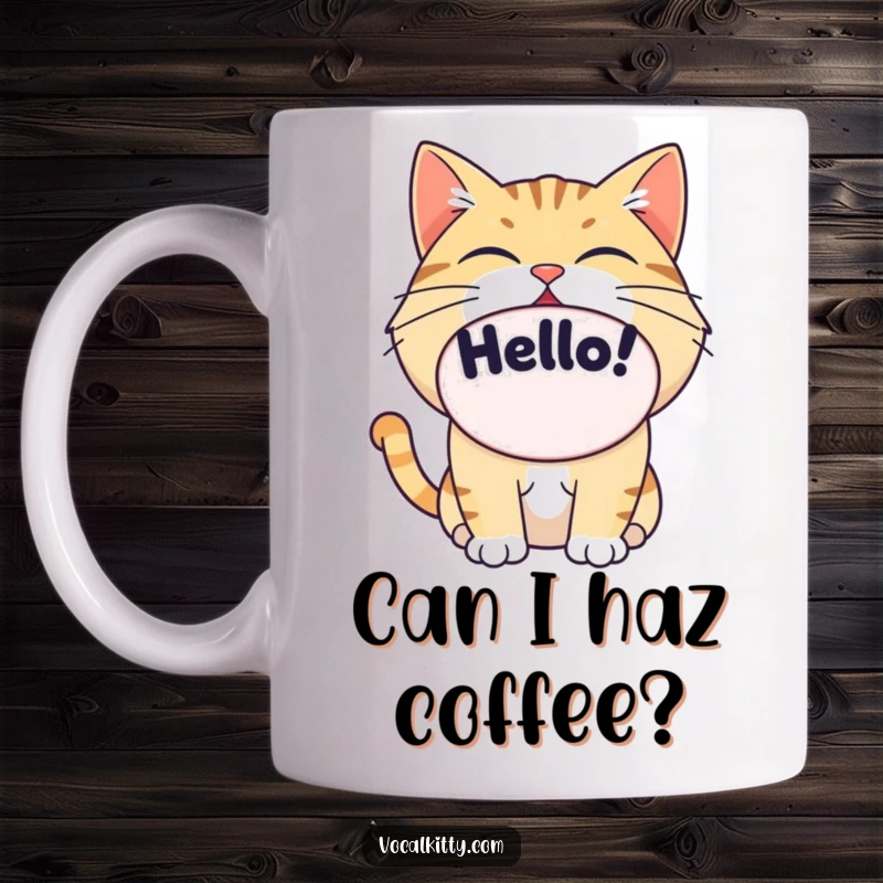 Funny cat yelling 'Hello!' with a massive oval mouth, enthusiastic greeting, ceramic mug.