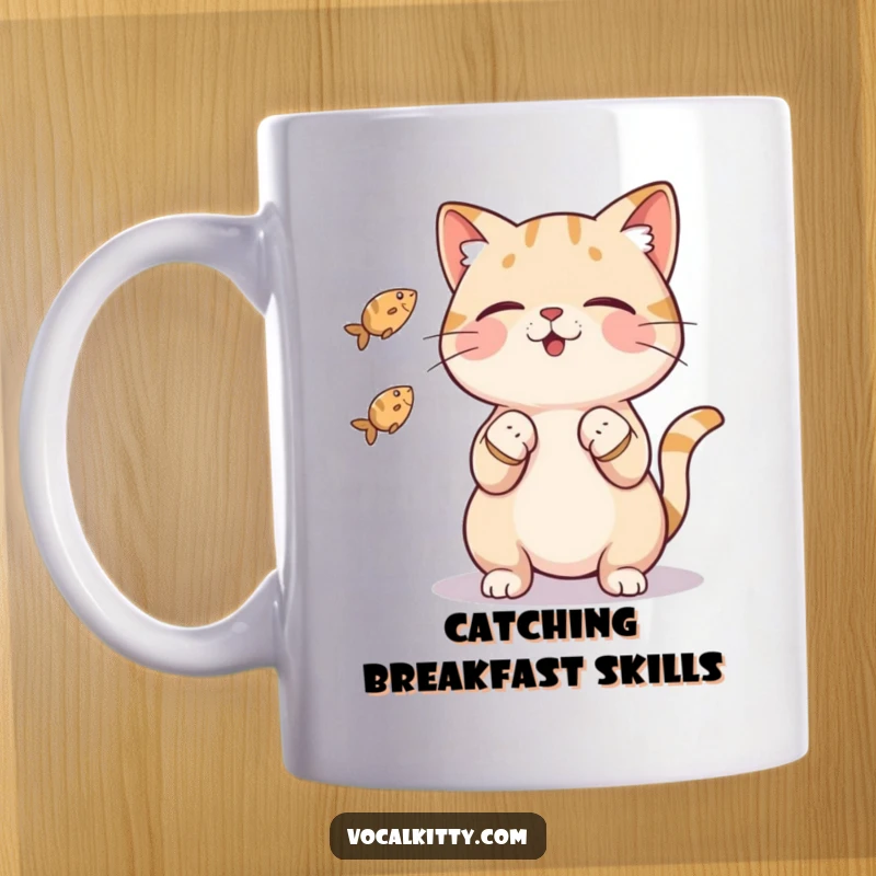 Funny cat mug showing a skilled cat character playfully juggling three small fish with its paws, a humorous and impressive display.