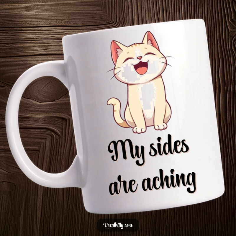 Funny mug with a cartoon cat character throwing its head back, laughing uncontrollably with joy and amusement.