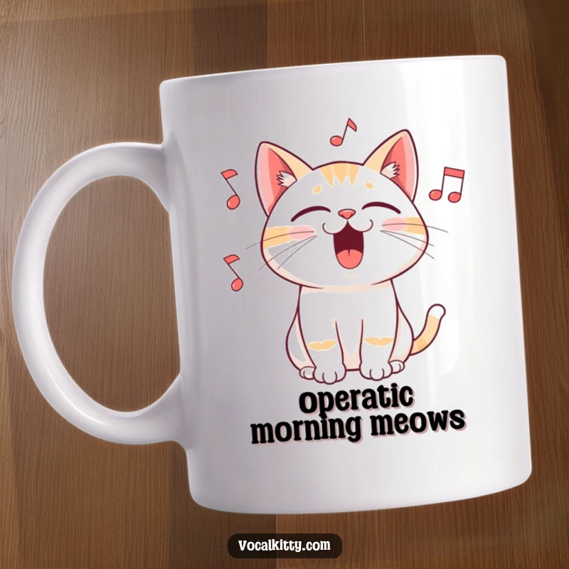 Funny mug depicting a cat singing with its mouth wide open, surrounded by flying musical notes, capturing a passionate feline performer.