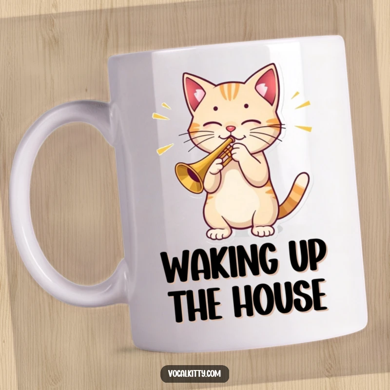 Funny Cat Mug: A cool character cat playing a miniature trumpet, emitting large, vibrant sound waves in a jazzy demonstration.