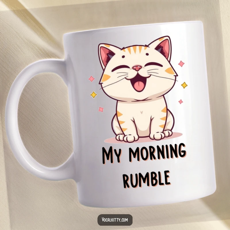 Funny mug showcasing a cartoon cat character with vibrantly exaggerated vocal cords radiating happy sound waves of pure bliss.