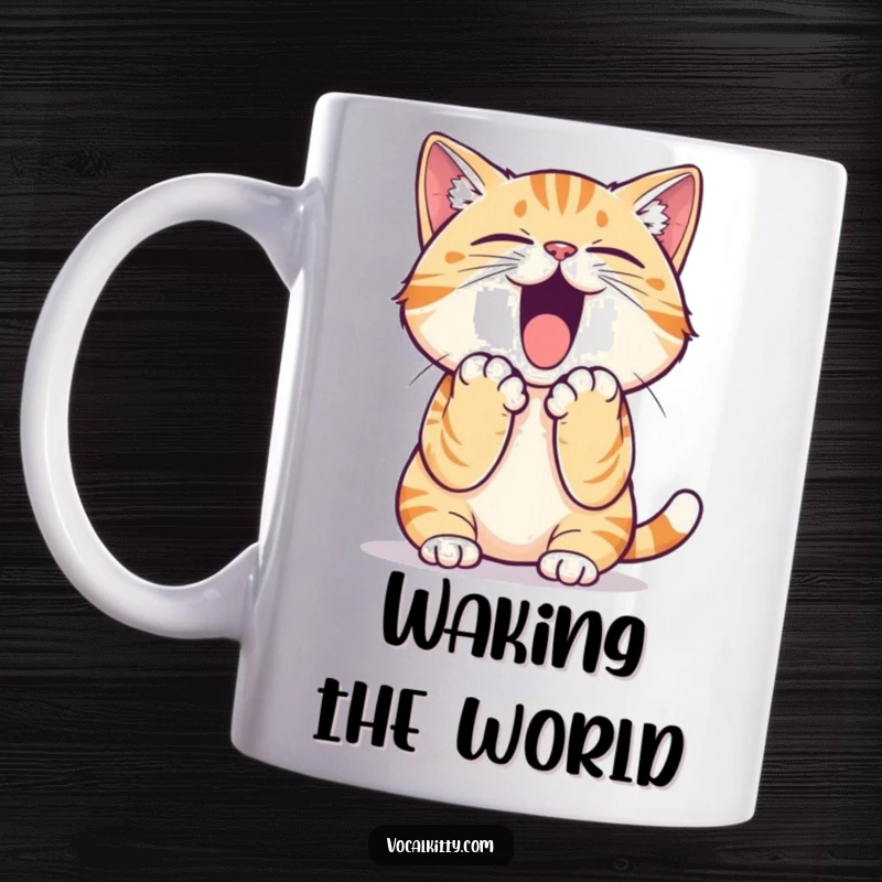Funny cat mug featuring a determined feline cupping its paws around its mouth, preparing to unleash a mighty yell.