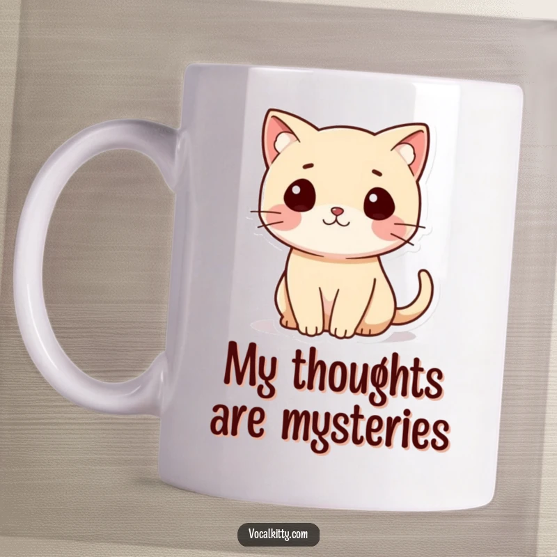 Funny Cat Mug featuring a small cat with a tail curled into a question mark, looking curious and playful.