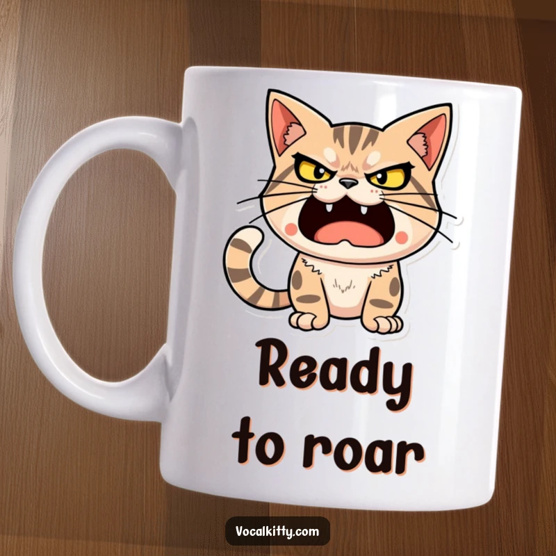 Funny cat character with a determined, loud expression, ready to unleash a big sound, on a mug.