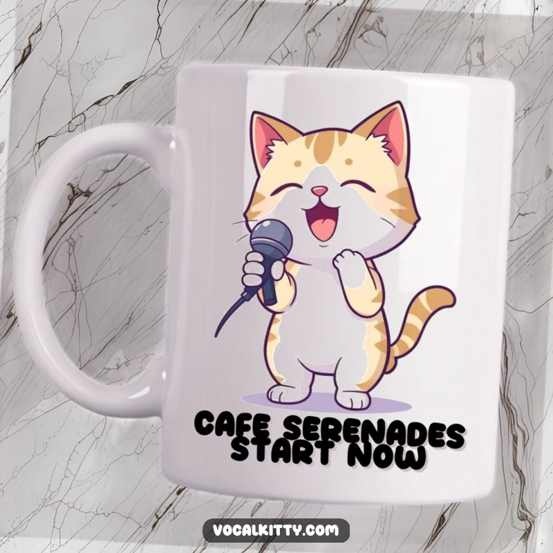 Funny mug showing a cat in a dramatic karaoke pose, holding a microphone with gusto, ready to sing.
